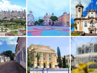 Montagem com imagens de cidades famosas pelo turismo cultural no Brasil