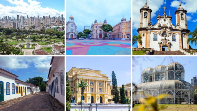 Montagem com imagens de cidades famosas pelo turismo cultural no Brasil