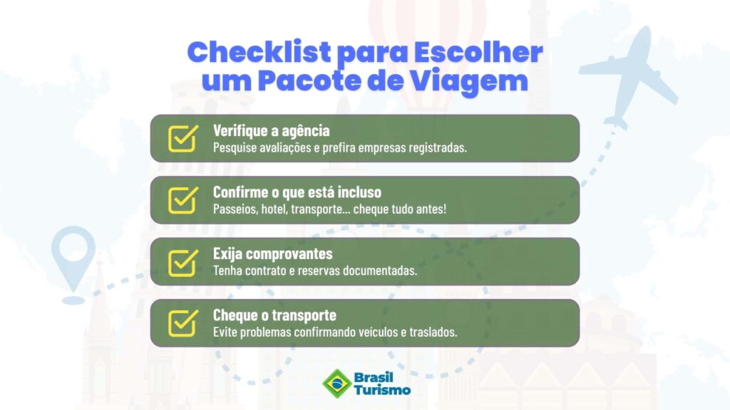 Checklist visual com 5 dicas práticas para escolher pacote de viagem