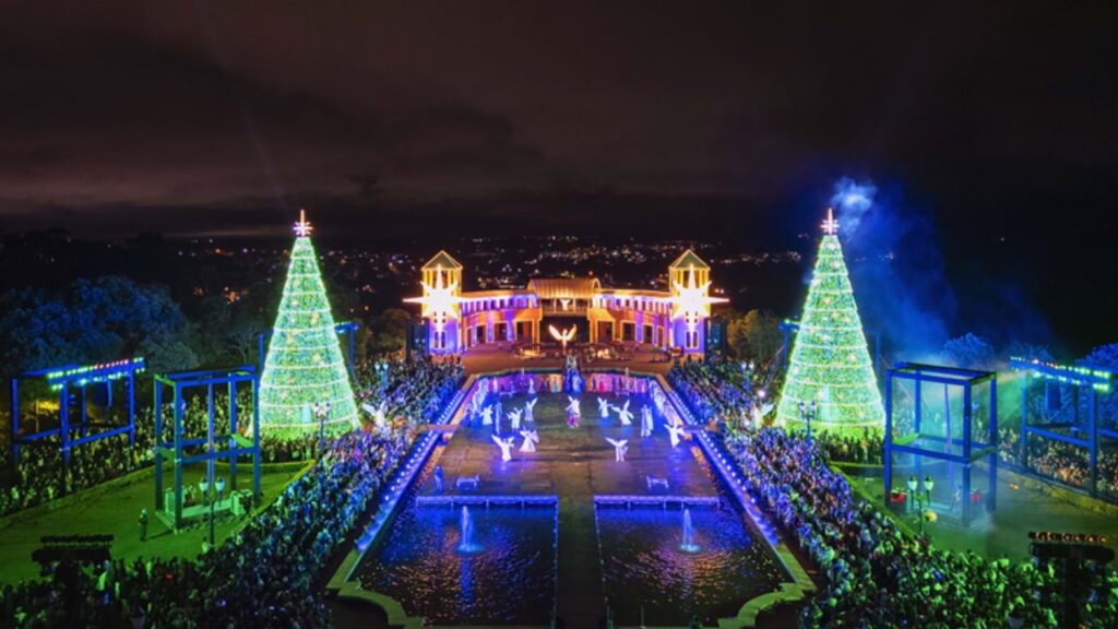 Parque Tanguá em Curitiba, com árvores iluminadas, fontes coloridas e público reunido durante o evento Luz dos Pinhais.