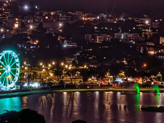 Roda-gigante iluminada no Parque Barigui à noite, refletida no lago, com as luzes da cidade ao fundo em Curitiba.