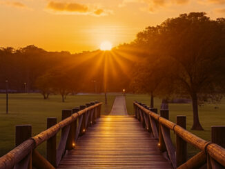 Pôr do sol no Parque Barigui visto de uma passarela de madeira, mostrando o gramado, as árvores e a luz da tarde, no horário de maior movimento.
