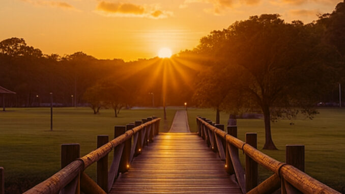 Pôr do sol no Parque Barigui visto de uma passarela de madeira, mostrando o gramado, as árvores e a luz da tarde, no horário de maior movimento.