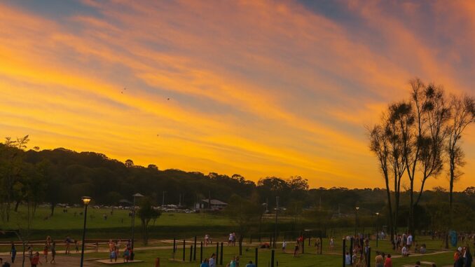 Pôr do sol no Parque Barigui em Curitiba, com o céu alaranjado refletindo no parque e pessoas caminhando e aproveitando o fim de tarde.